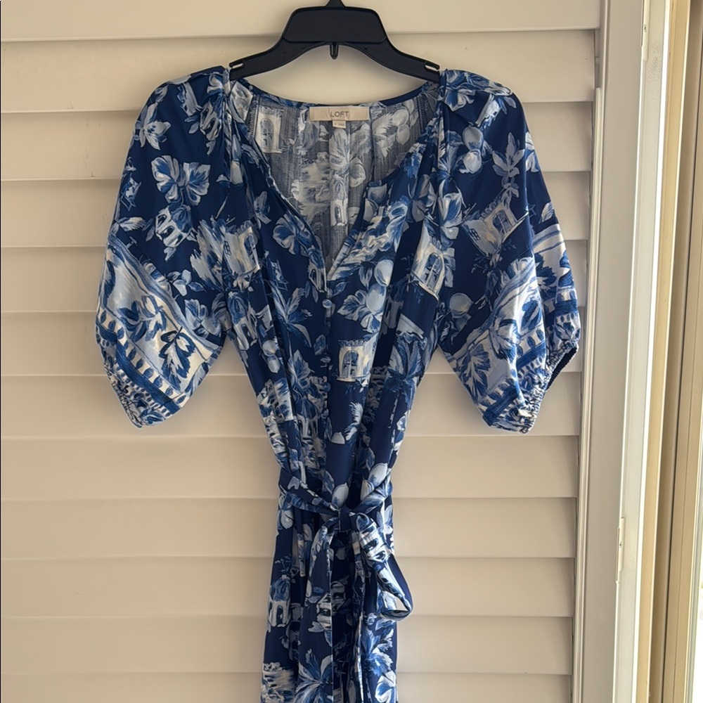 LOFT Blue and White Mediterranean Greek Midi Dress S
